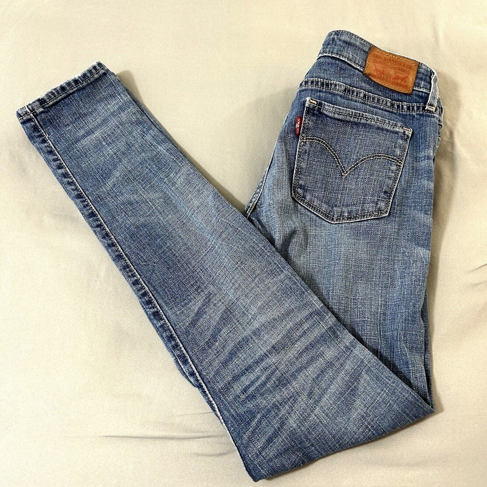 Levi's 711 Jeans Womens Size 25Wx 28L Skinny Selvedge Denim Whiskered Light Wash